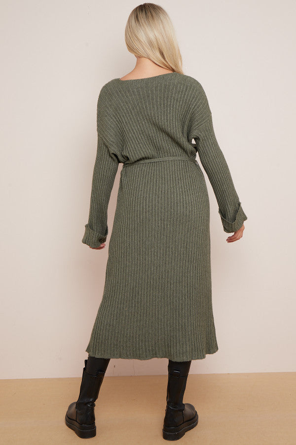 Belted Knit Dress in Khaki