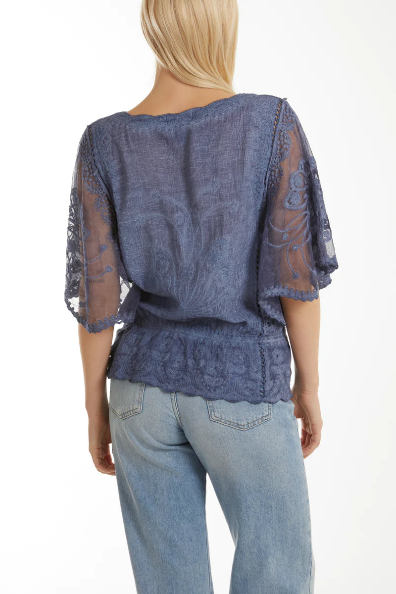 Floral Lace Butterfly Sleeve Blouse - Washed Denim