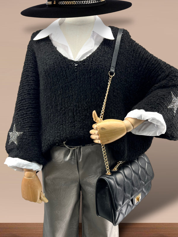 Sparkly Star Chunky Knit Jumper - Black