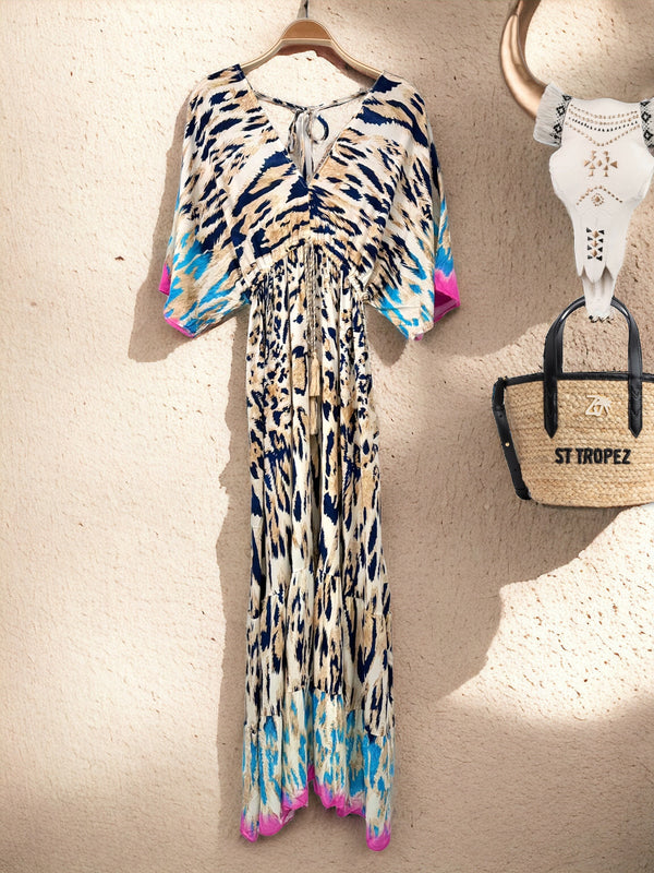 Zebra/Leopard Kaftan Dress - Blue