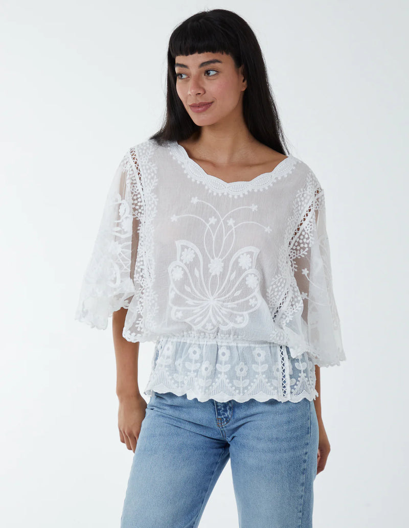 Floral Lace Butterfly Sleeve Blouse - Ivory