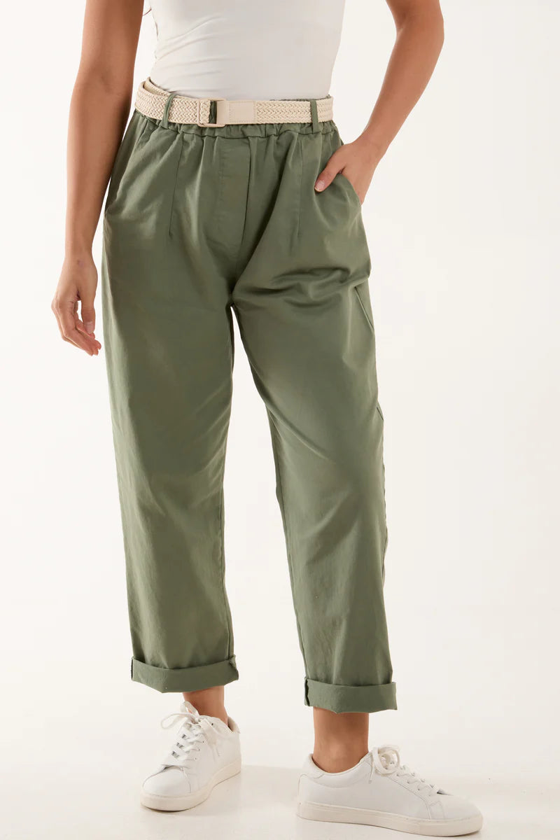 High Waisted Cotton Drill Chinos Khaki