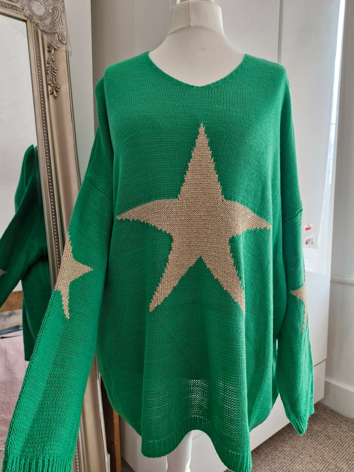 Slouchy Gold Knit Star Jumper - Green