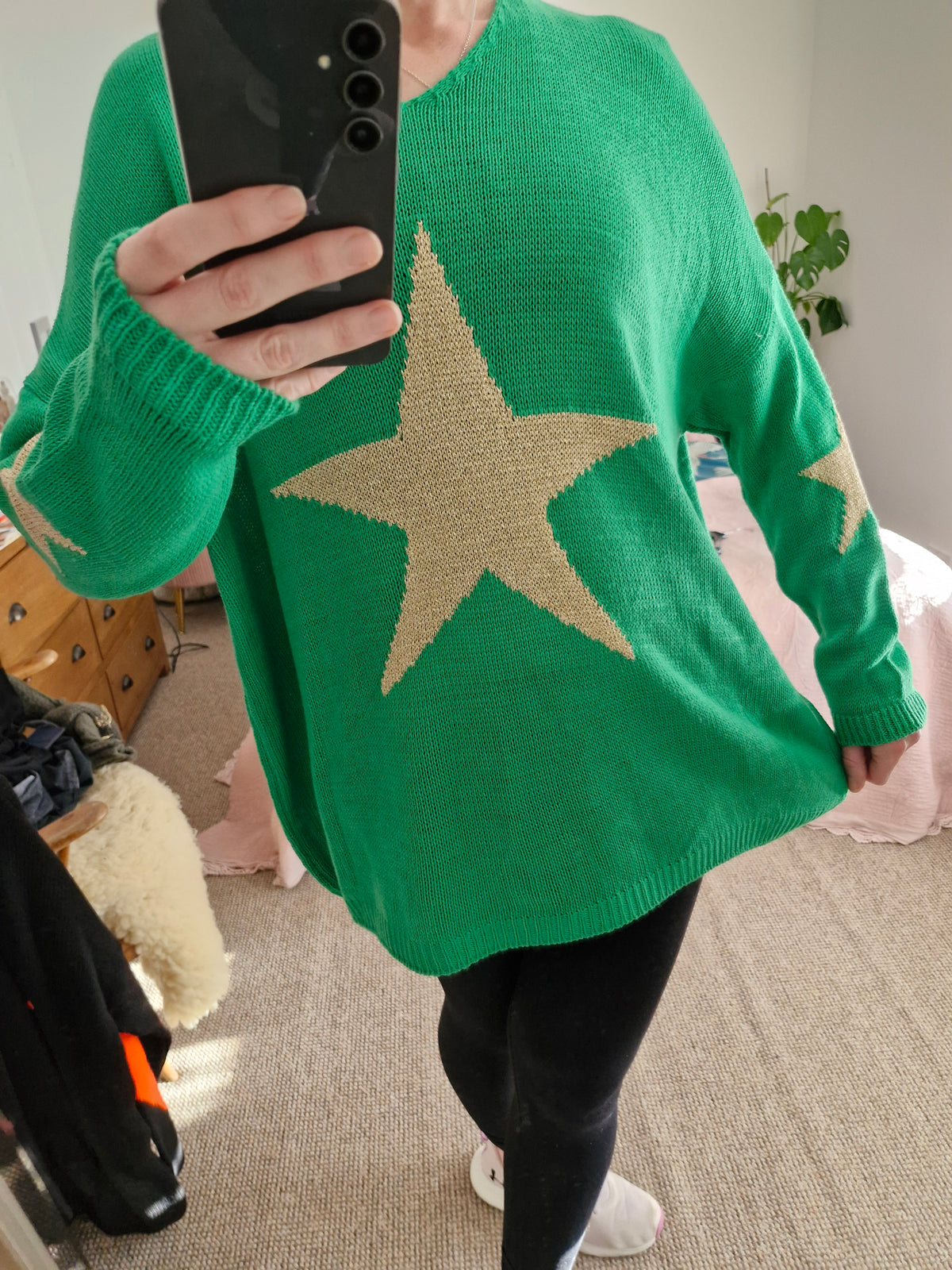 Slouchy Gold Knit Star Jumper - Green