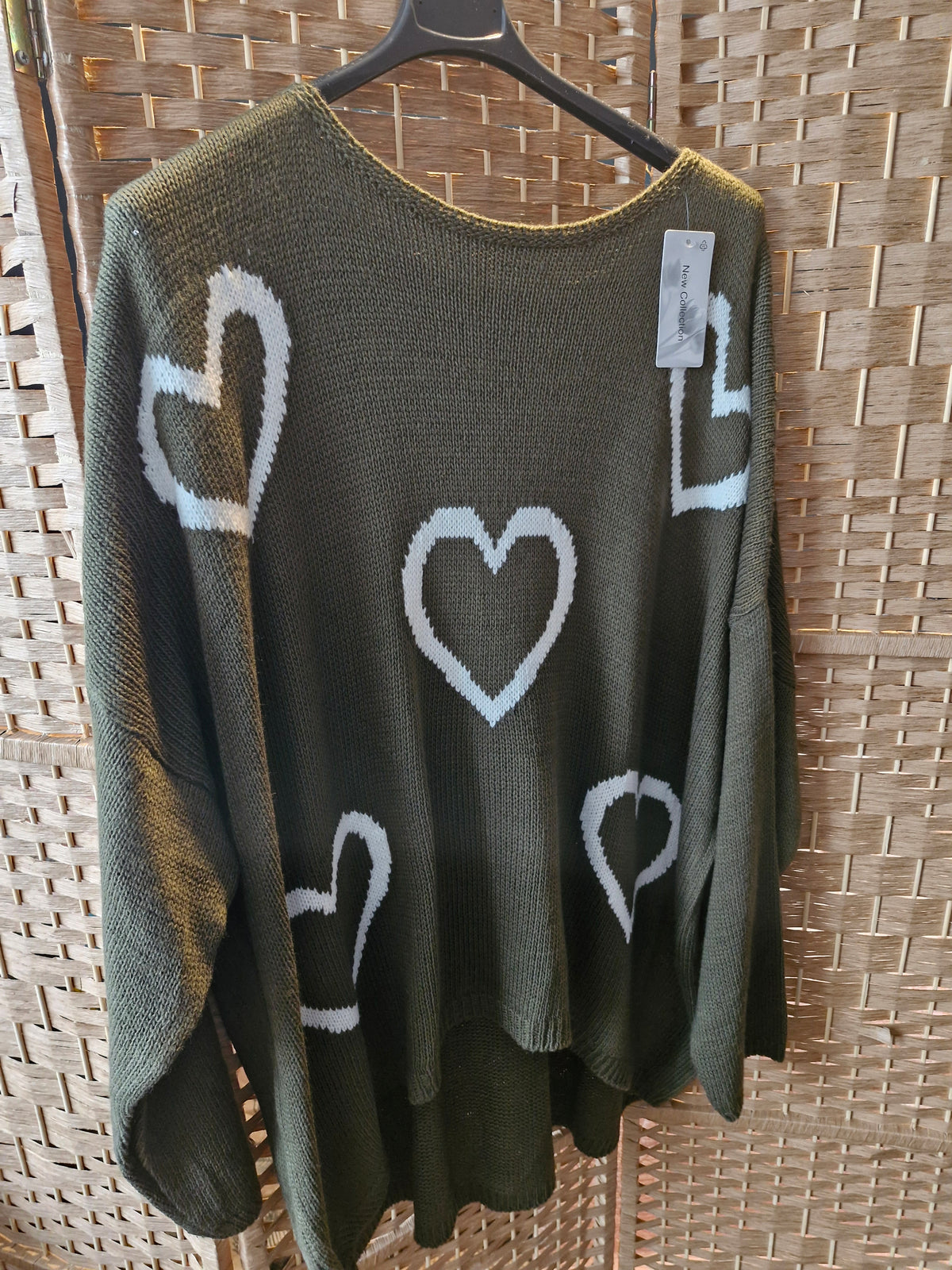 Slouchy Hi-Lo Hearts Jumper - Forest Green