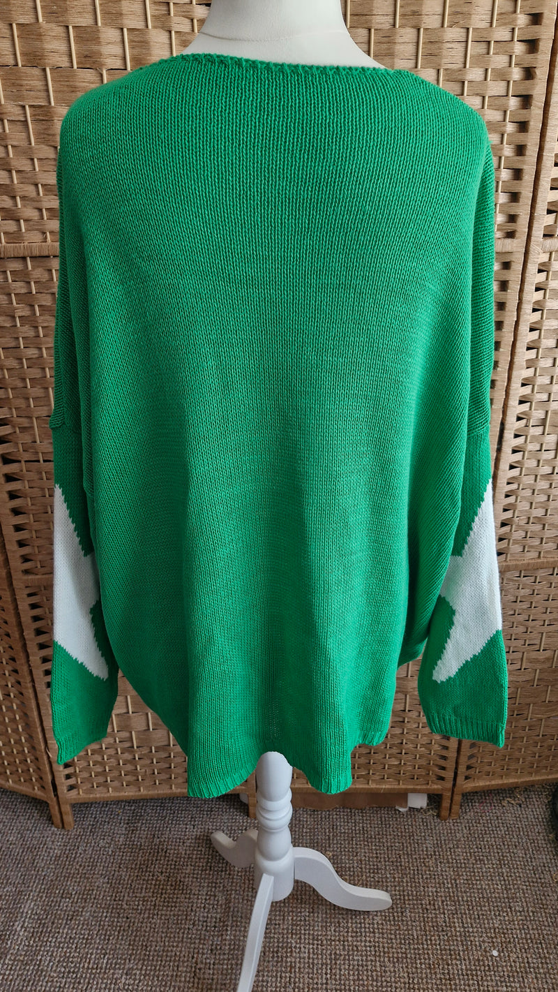 Slouchy White Knit Star Jumper - Green