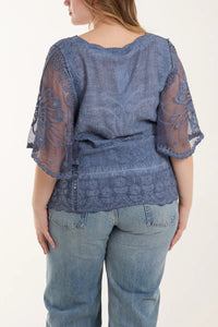 Floral Lace Butterfly Sleeve Blouse - Washed Denim