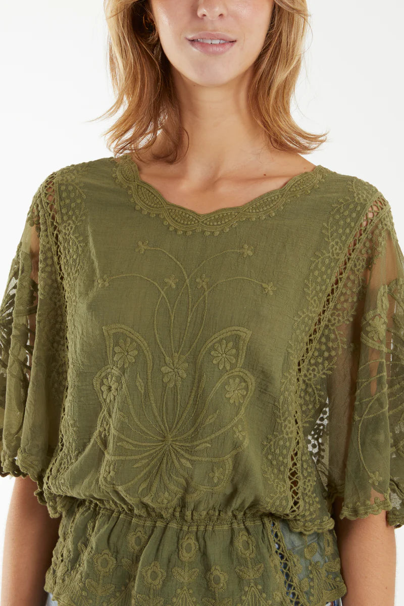Floral Lace Butterfly Sleeve Blouse - Khaki