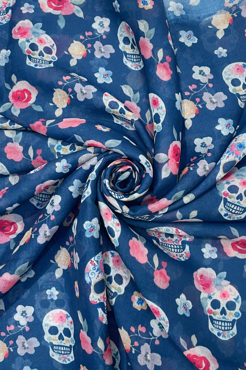 Cute Skull & Rose Print Frayed Scarf - Blue