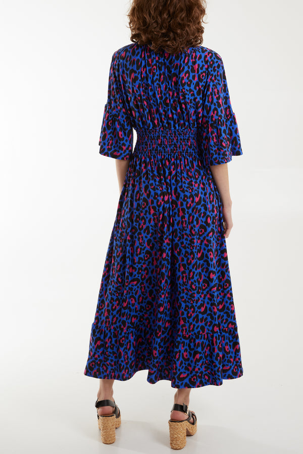 Milly Plunge Frill Maxi Dress - Blue Leopard
