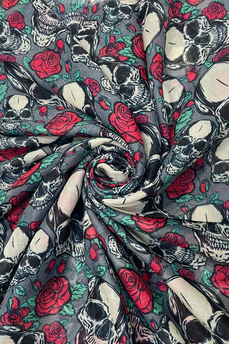 Skulls and Roses Print Frayed Scarf