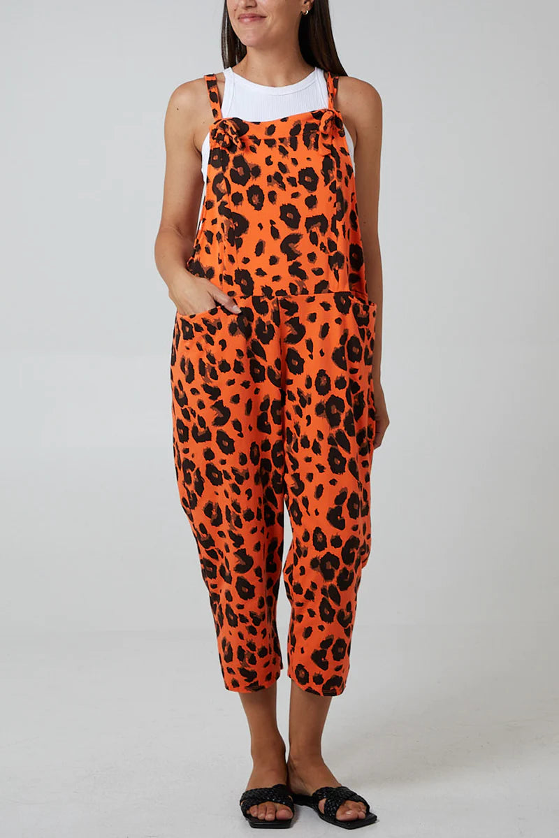 Coral Leopard Tie Cropped Dungarees