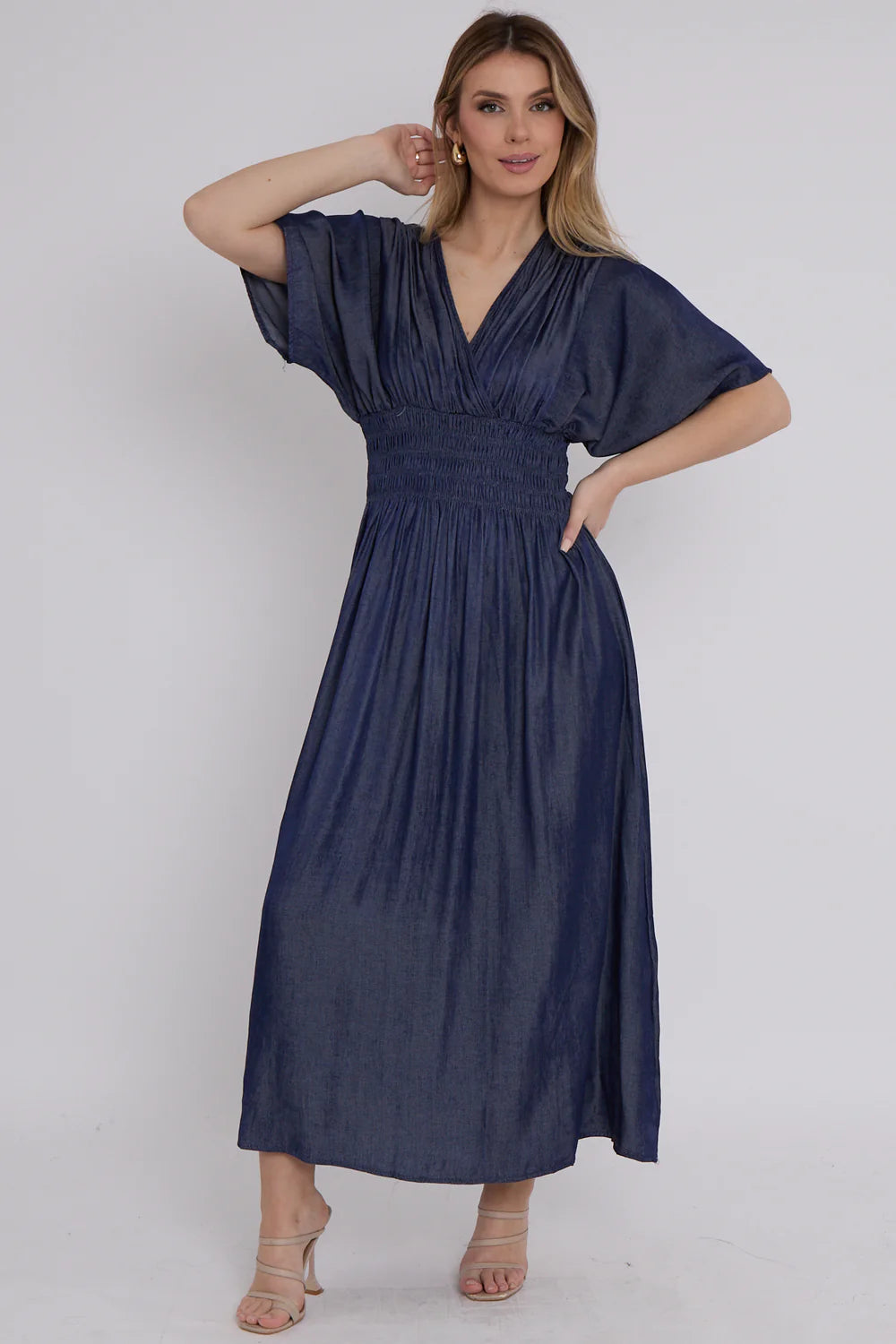 Gathered Waist Lightweight Denim Maxi Dark