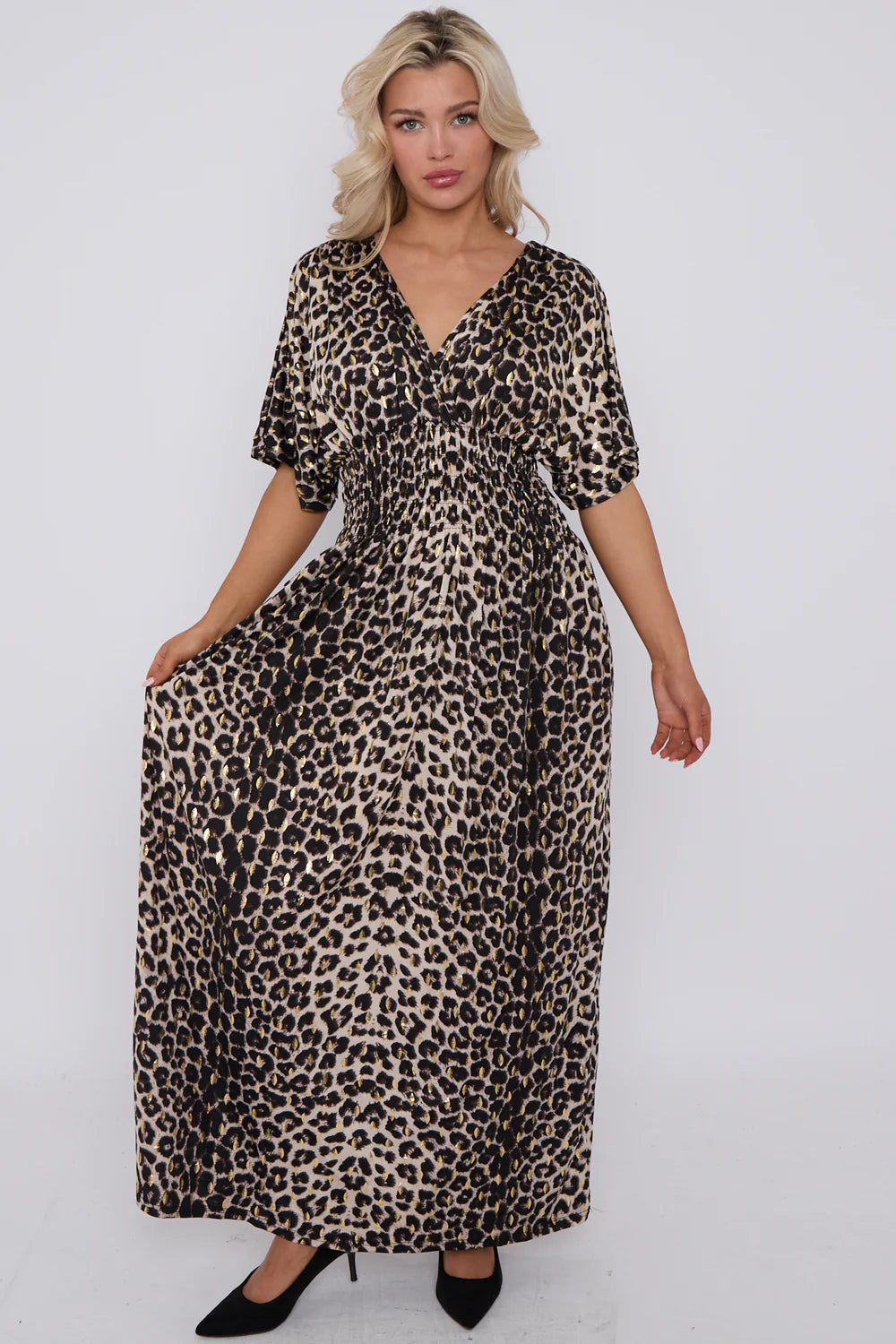 Gathered Waist Leopard Maxi Dress - Beige