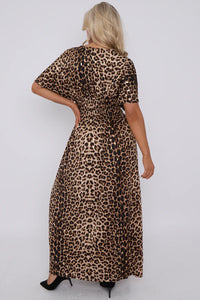 Gathered Waist Leopard Maxi Dress - Brown