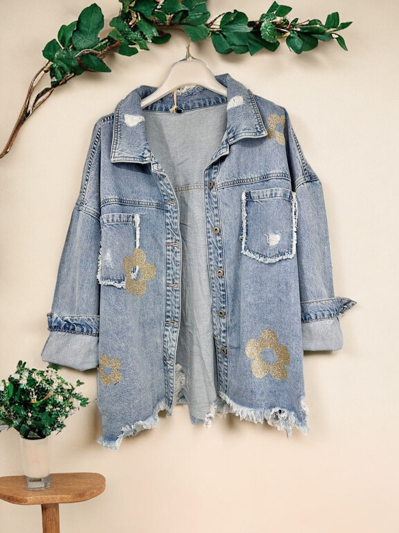 Distressed Denim Shacket with Glitter Flowers