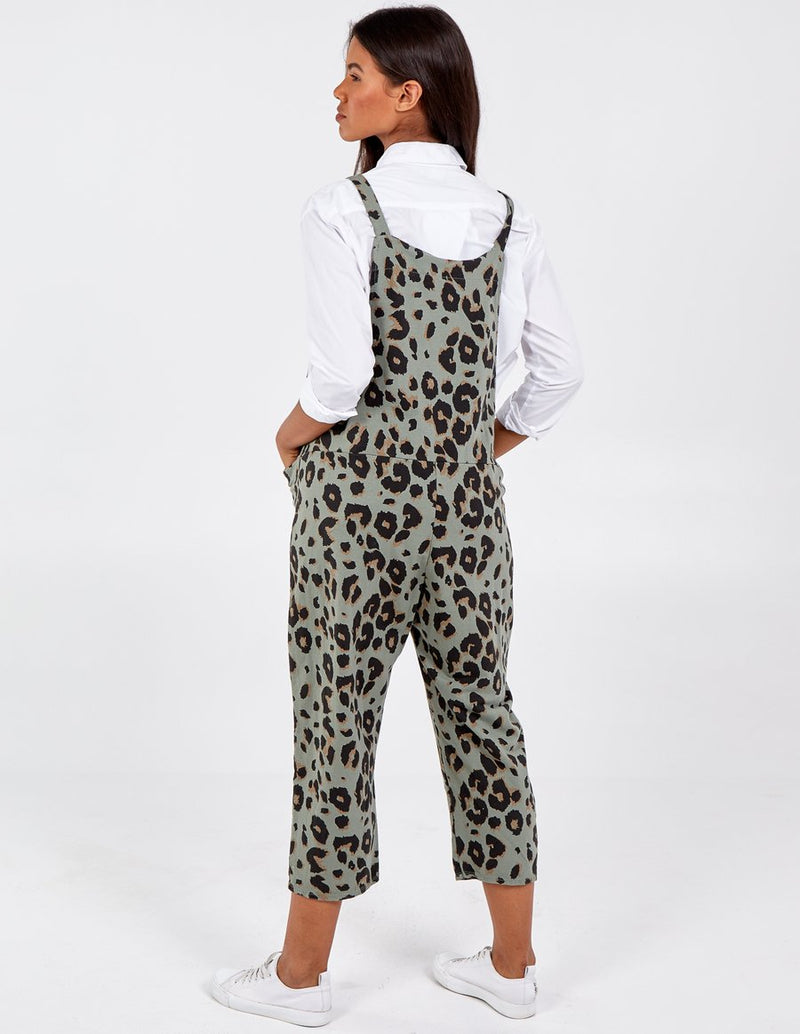 Khaki Leopard Tie Cropped Dungarees