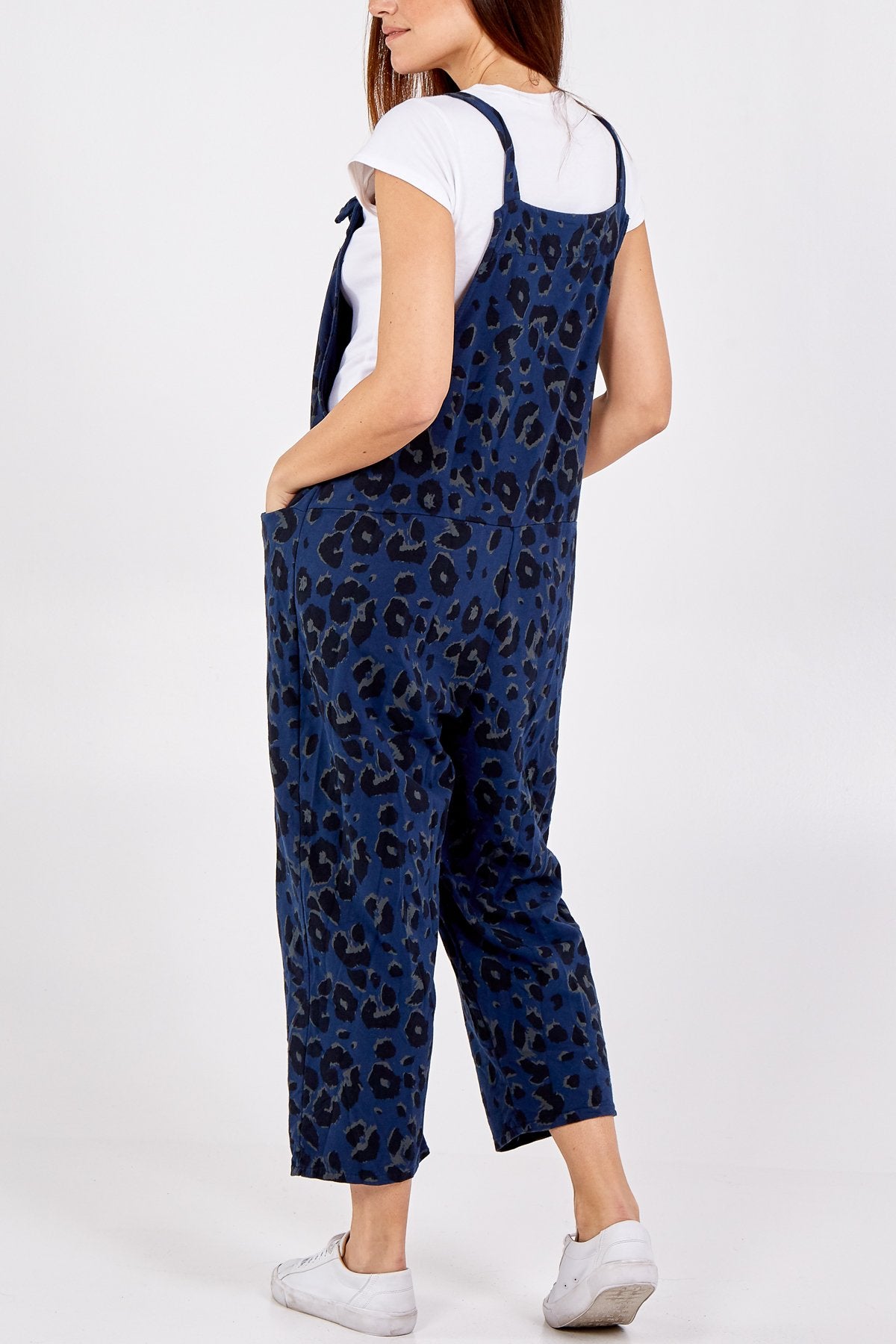 Navy Blue Leopard Tie Cropped Dungarees