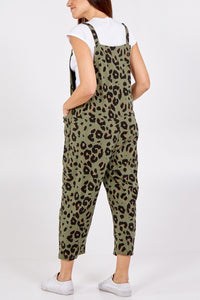 Khaki Leopard Tie Cropped Dungarees