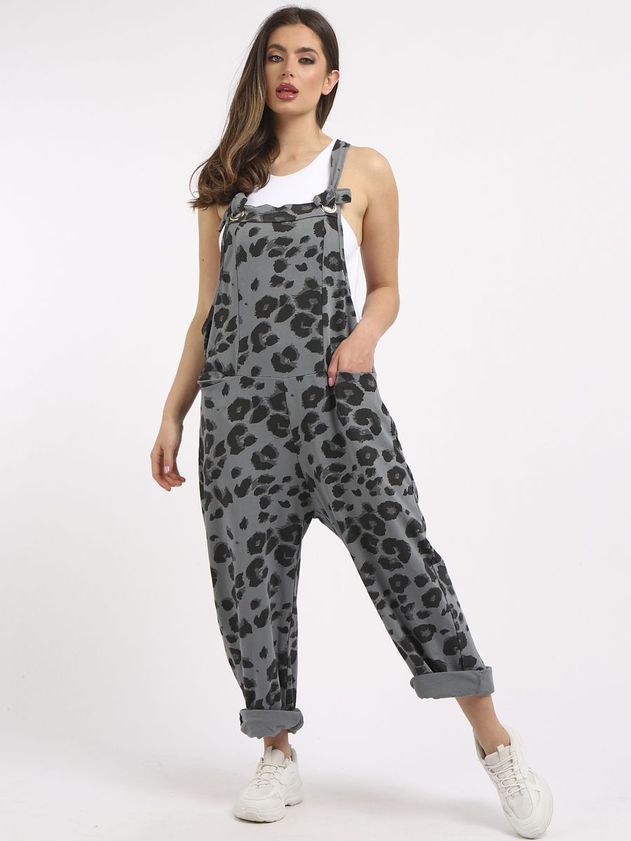 Mid Grey Leopard Tie Slouch Dungarees Racer Back Clarence and