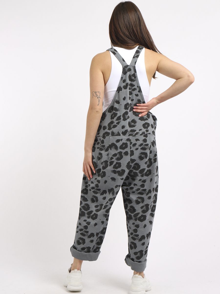 Mid Grey Leopard Tie Slouch Dungarees - Racer Back