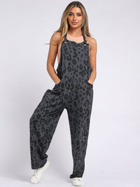 Charcoal Leopard Slouch Dungarees -Racer Back