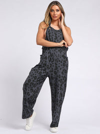 Charcoal Leopard Slouch Dungarees -Racer Back